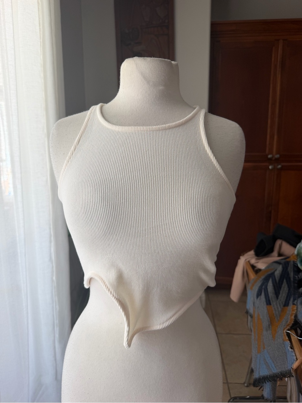 Muse Cream Ribbed High Neck Halter Crop Top Size S NWT